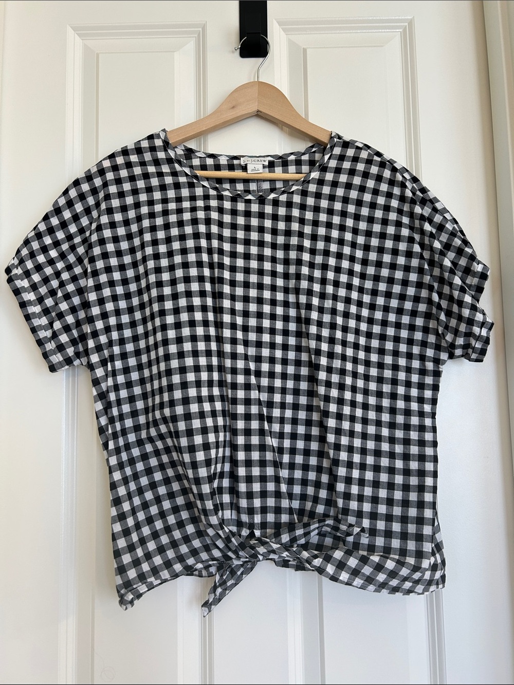 J.Crew Black White Gingham Checker Short Sleeve Front Tie Hem Crop Top Blouse L